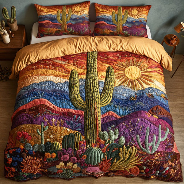 Desert Bloom quilted 3-piece bedding set on a made bed with two matching pillow shams