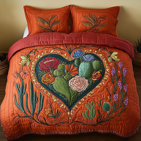 Desert Bloom quilted 3-piece bedding set on a made bed with two matching pillow shams