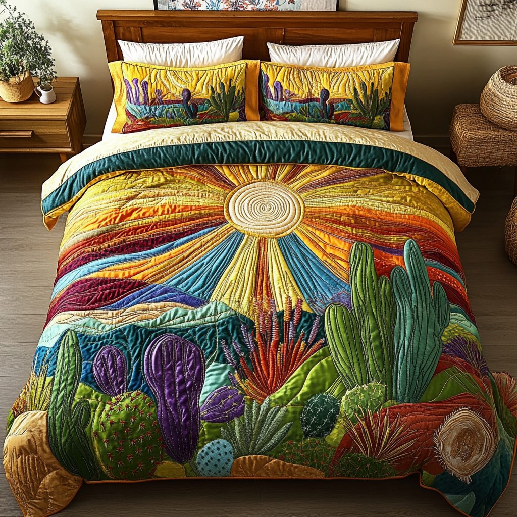 Desert Bloom quilted 3-piece bedding set on a made bed with two matching pillow shams