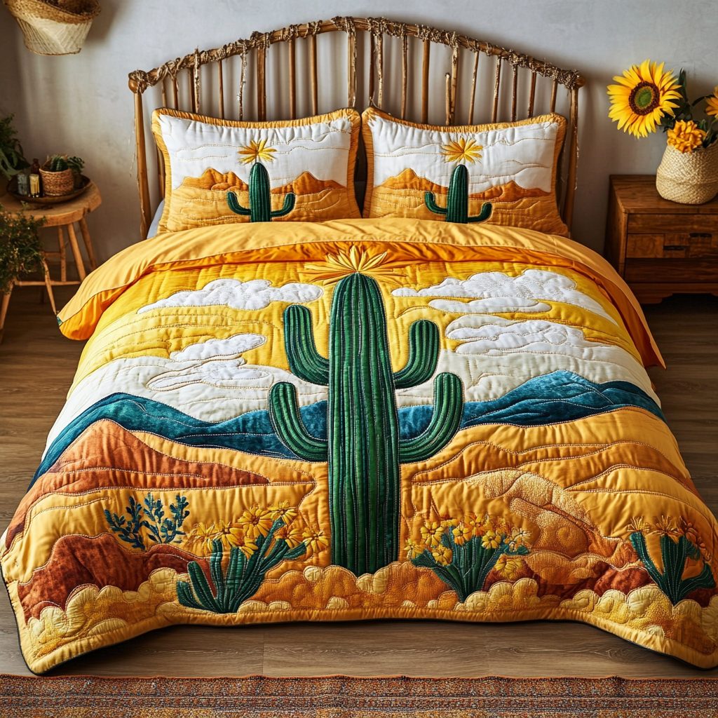 Desert Bloom quilted 3-piece bedding set on a made bed with two matching pillow shams