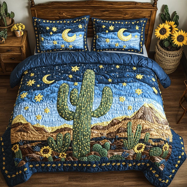Desert Bloom quilted 3-piece bedding set on a made bed with two matching pillow shams