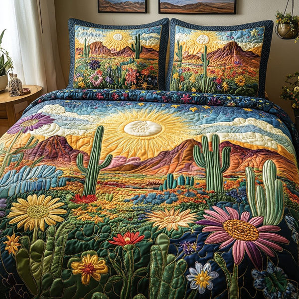 Desert Bloom quilted 3-piece bedding set on a made bed with two matching pillow shams