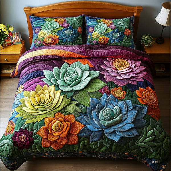 Desert Blooms quilted 3-piece bedding set on a made bed with two matching pillow shams