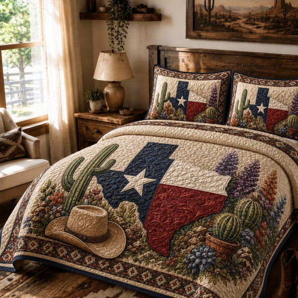 Desert Bluebonnet quilted 3-piece bedding set on a made bed with two matching pillow shams