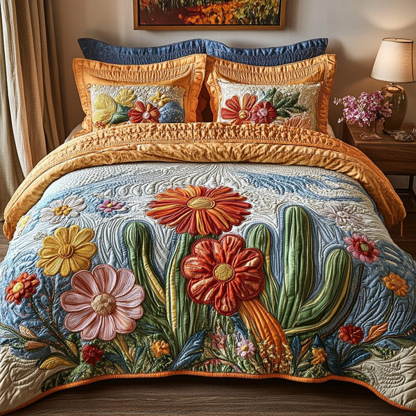 Desert Blush quilted 3-piece bedding set on a made bed with two matching pillow shams