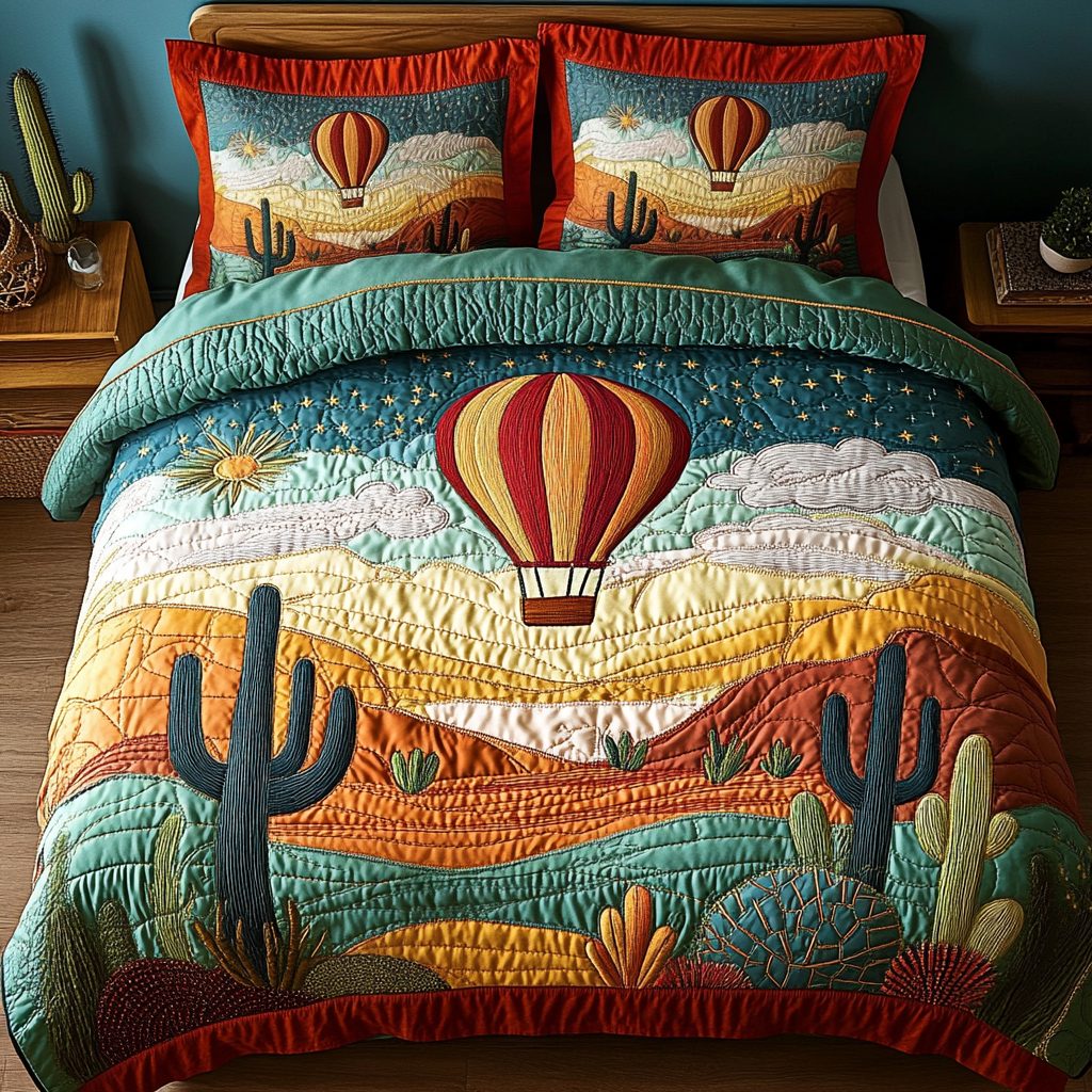 Desert Breeze quilted 3-piece bedding set on a made bed with two matching pillow shams