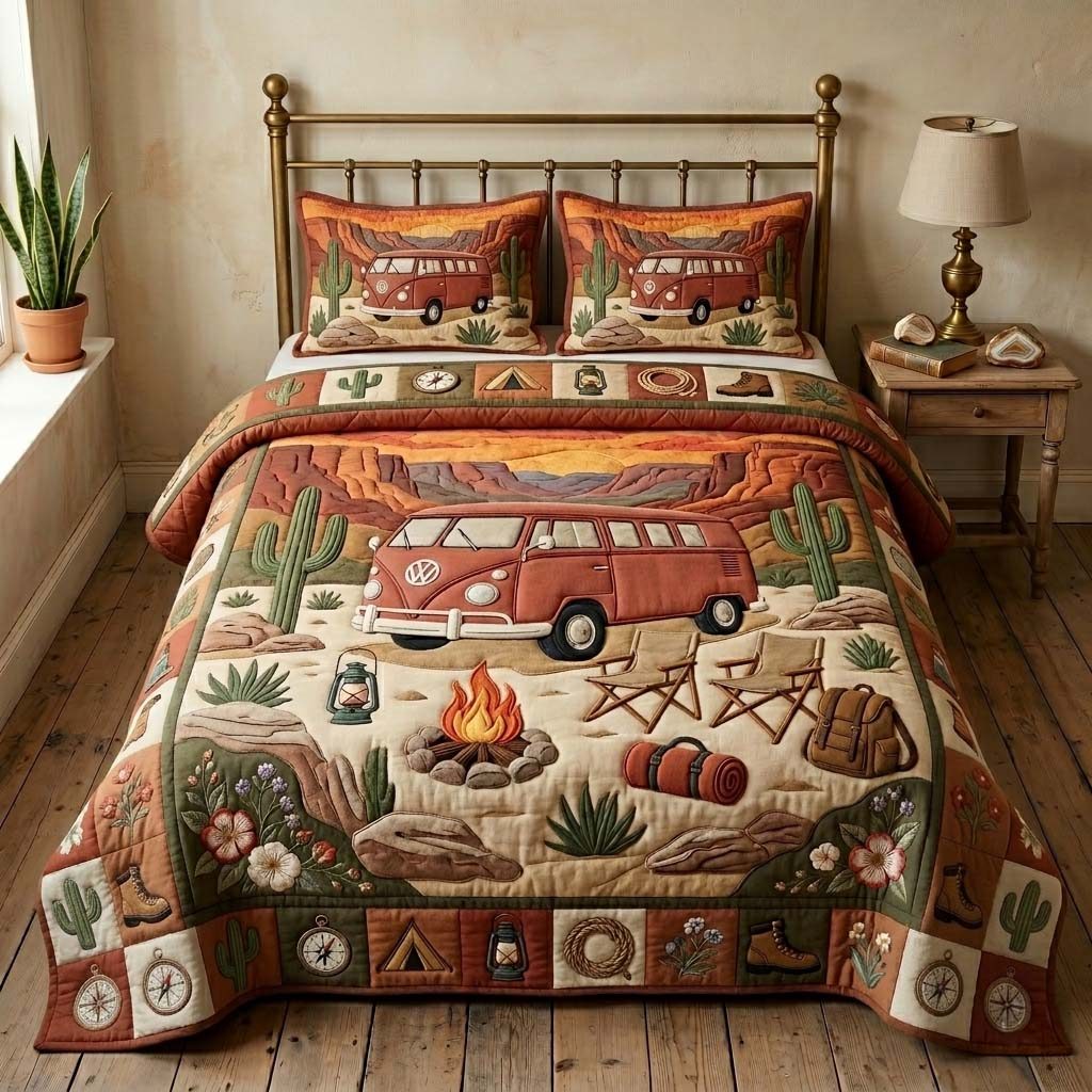 Desert Camper quilted 3-piece bedding set on a made bed with two matching pillow shams