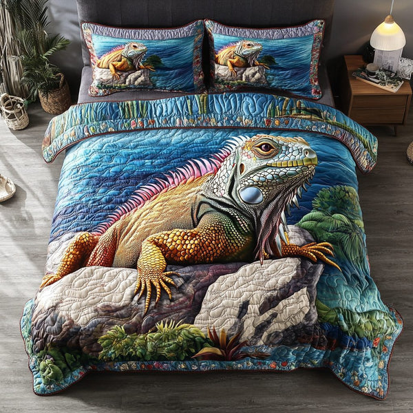 Desert Climber quilted 3-piece bedding set on a made bed with two matching pillow shams