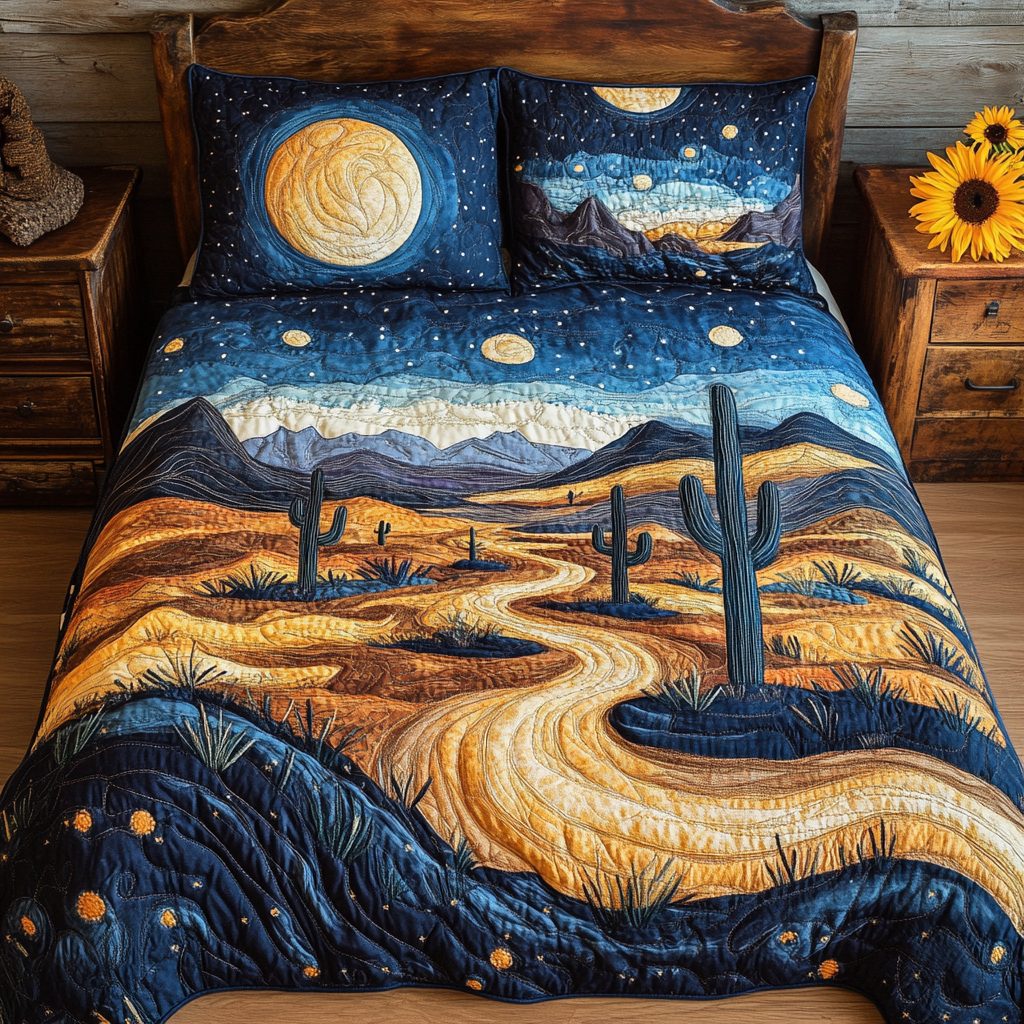 Desert Delight quilted 3-piece bedding set on a made bed with two matching pillow shams