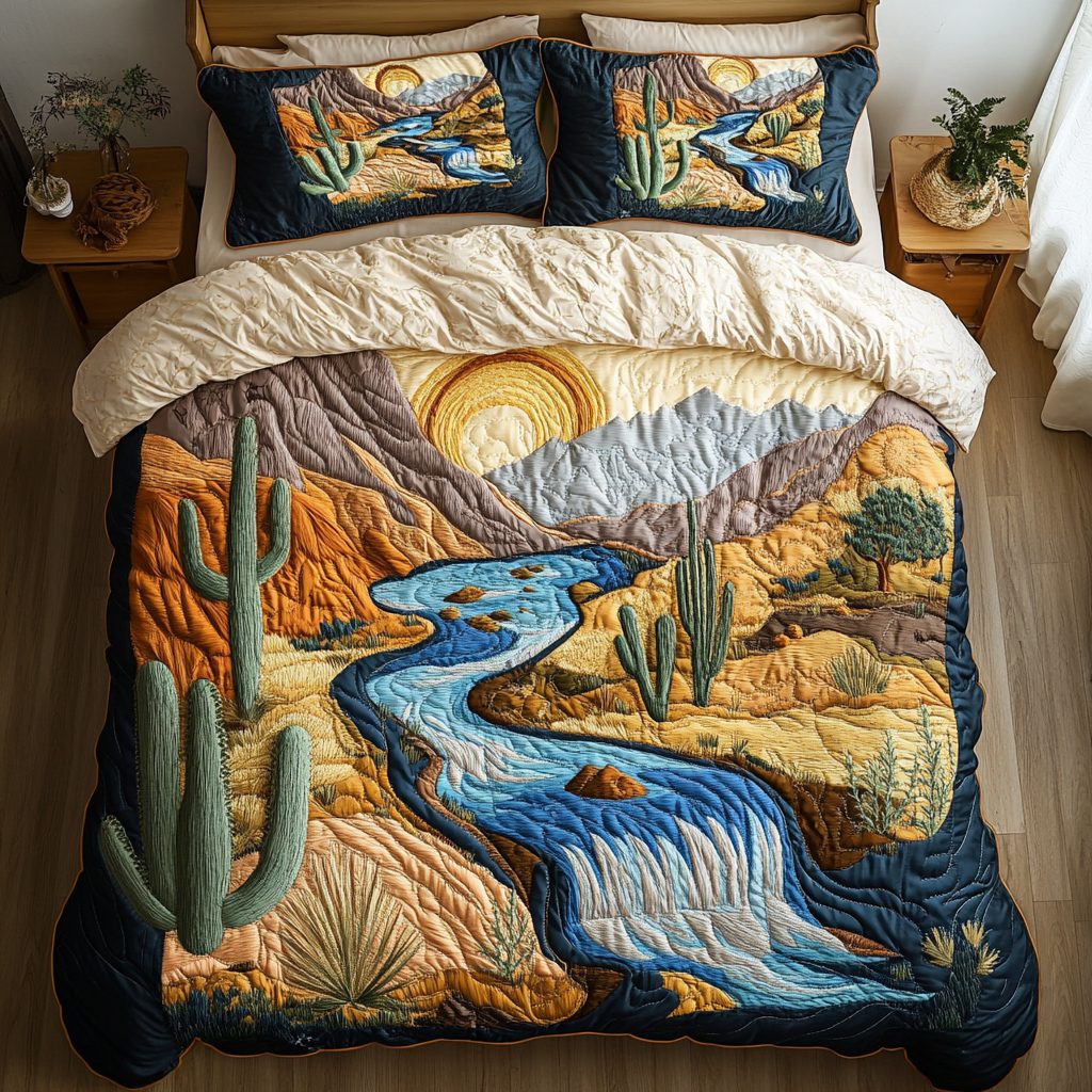 Desert Dream quilted 3-piece bedding set on a made bed with two matching pillow shams
