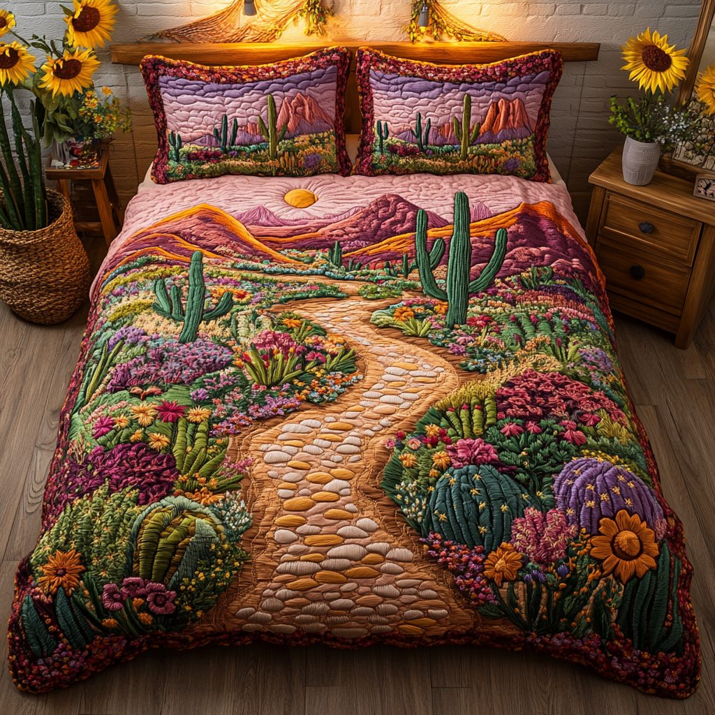 Desert Dream quilted 3-piece bedding set on a made bed with two matching pillow shams