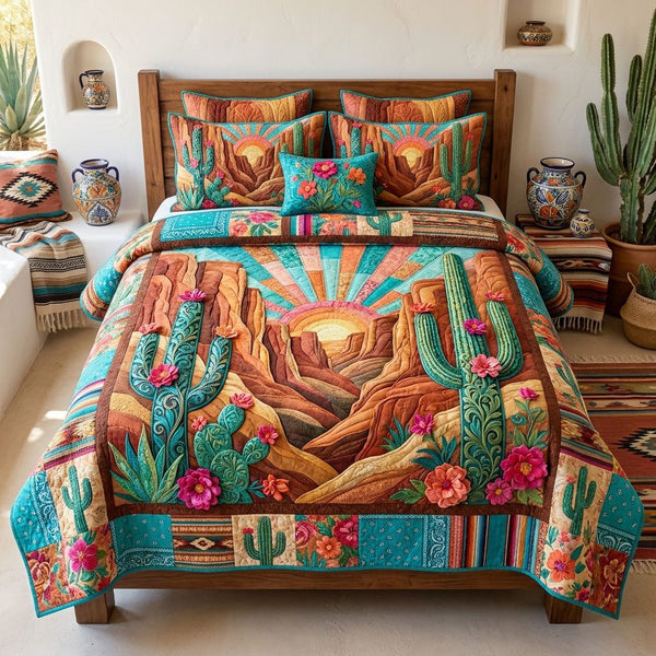Desert Dreams Forever quilted 3-piece bedding set on a made bed with two matching pillow shams