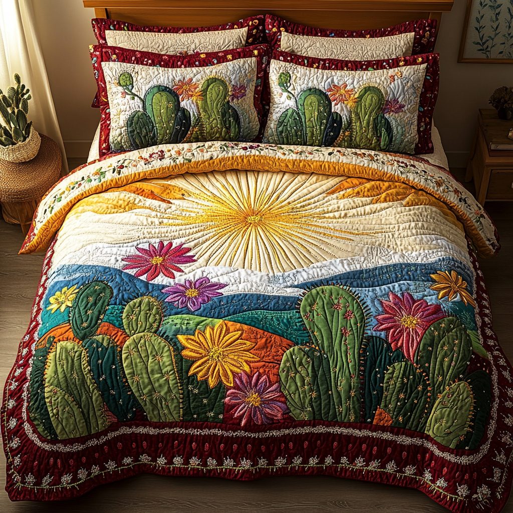 Desert Dreams quilted 3-piece bedding set on a made bed with two matching pillow shams