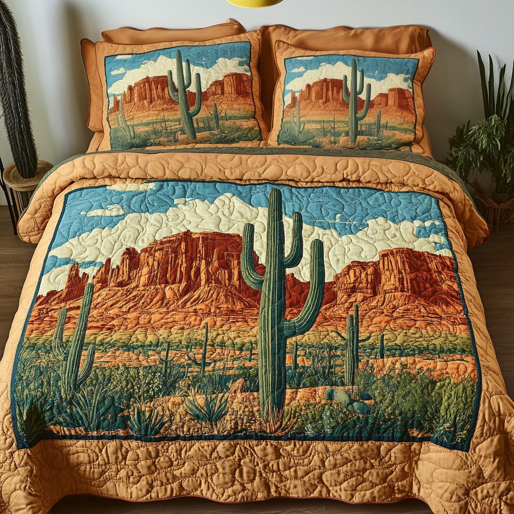 Desert Dreams quilted 3-piece bedding set on a made bed with two matching pillow shams