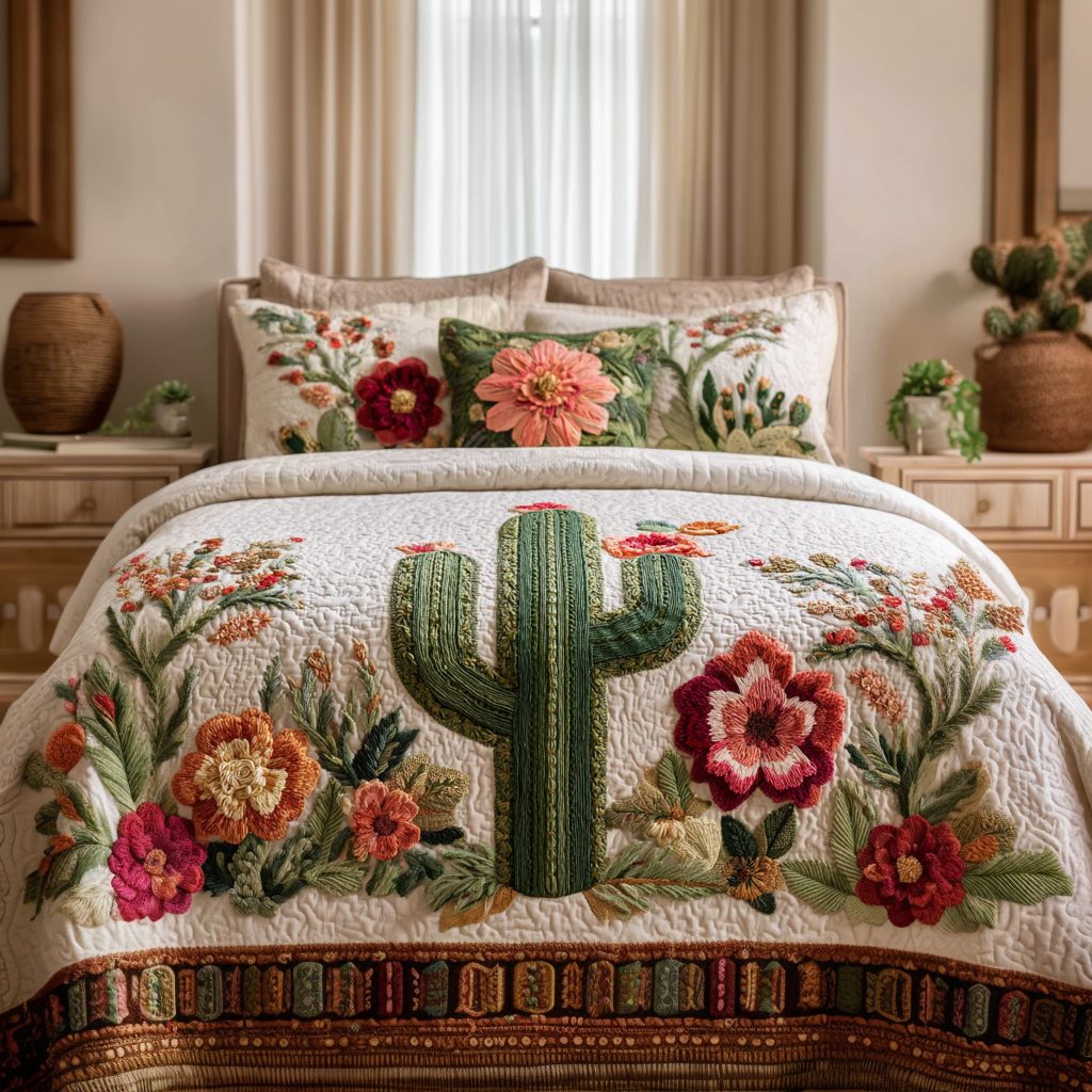 Desert Dreams quilted 3-piece bedding set on a made bed with two matching pillow shams