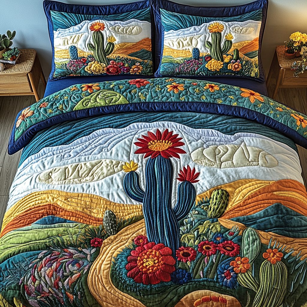 Desert Dreams quilted 3-piece bedding set on a made bed with two matching pillow shams