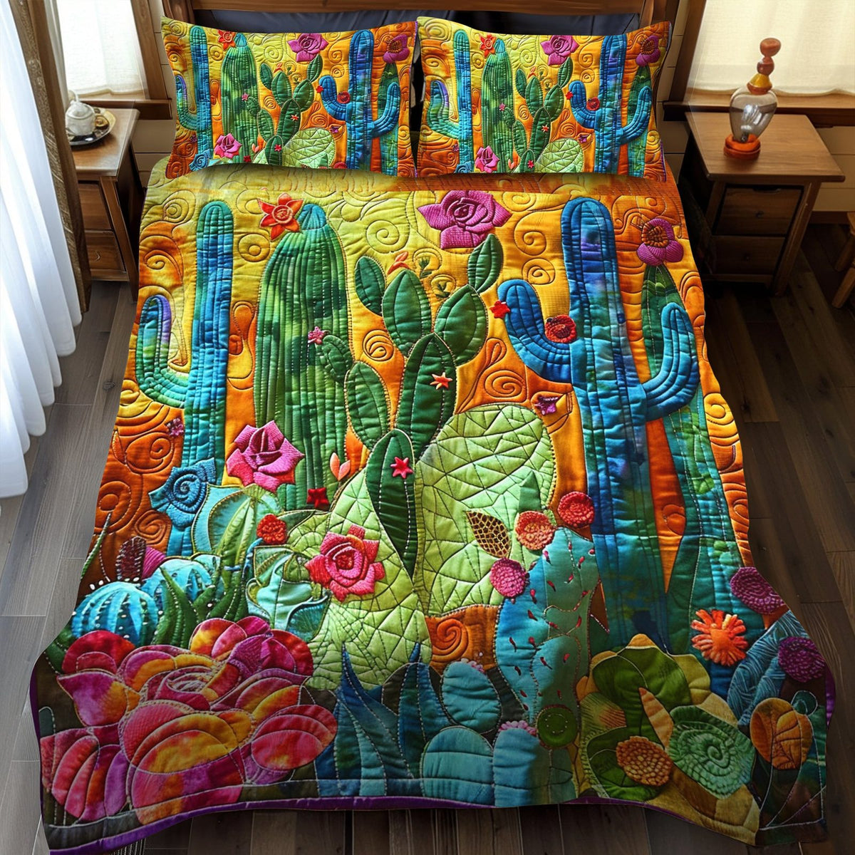 Desert Dreamscape Cactus quilted 3-piece bedding set on a made bed with two matching pillow shams