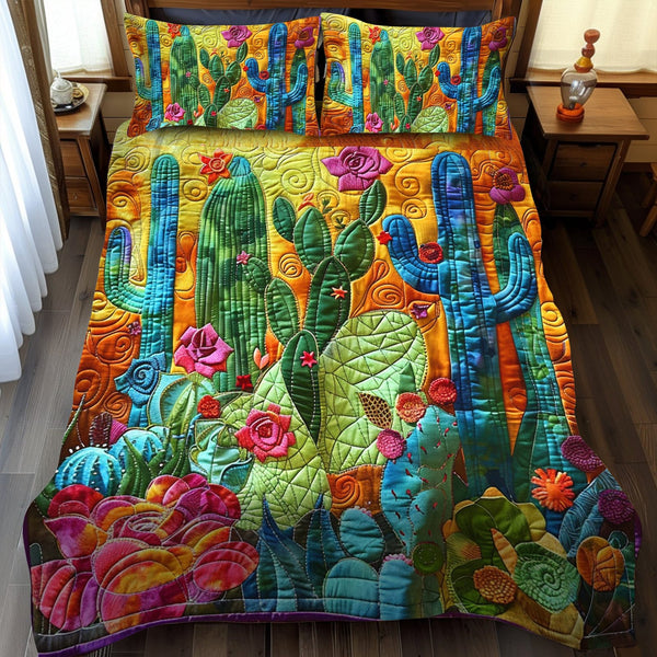 Desert Dreamscape Cactus quilted 3-piece bedding set on a made bed with two matching pillow shams
