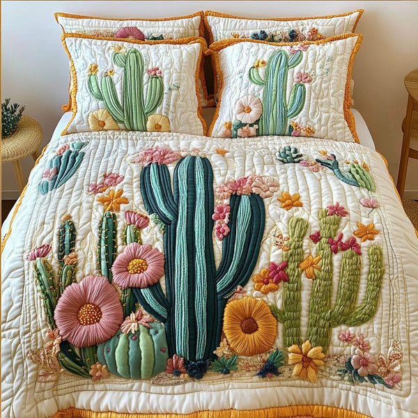 Desert Flowers quilted 3-piece bedding set on a made bed with two matching pillow shams