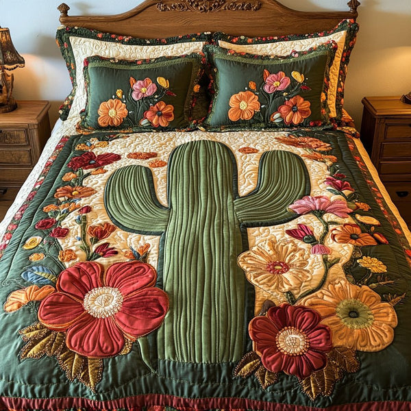 Desert Garden quilted 3-piece bedding set on a made bed with two matching pillow shams