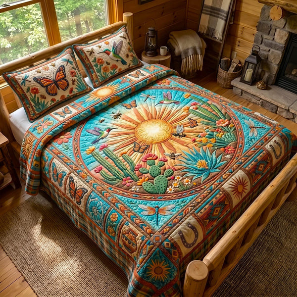 Desert Glow quilted 3-piece bedding set on a made bed with two matching pillow shams