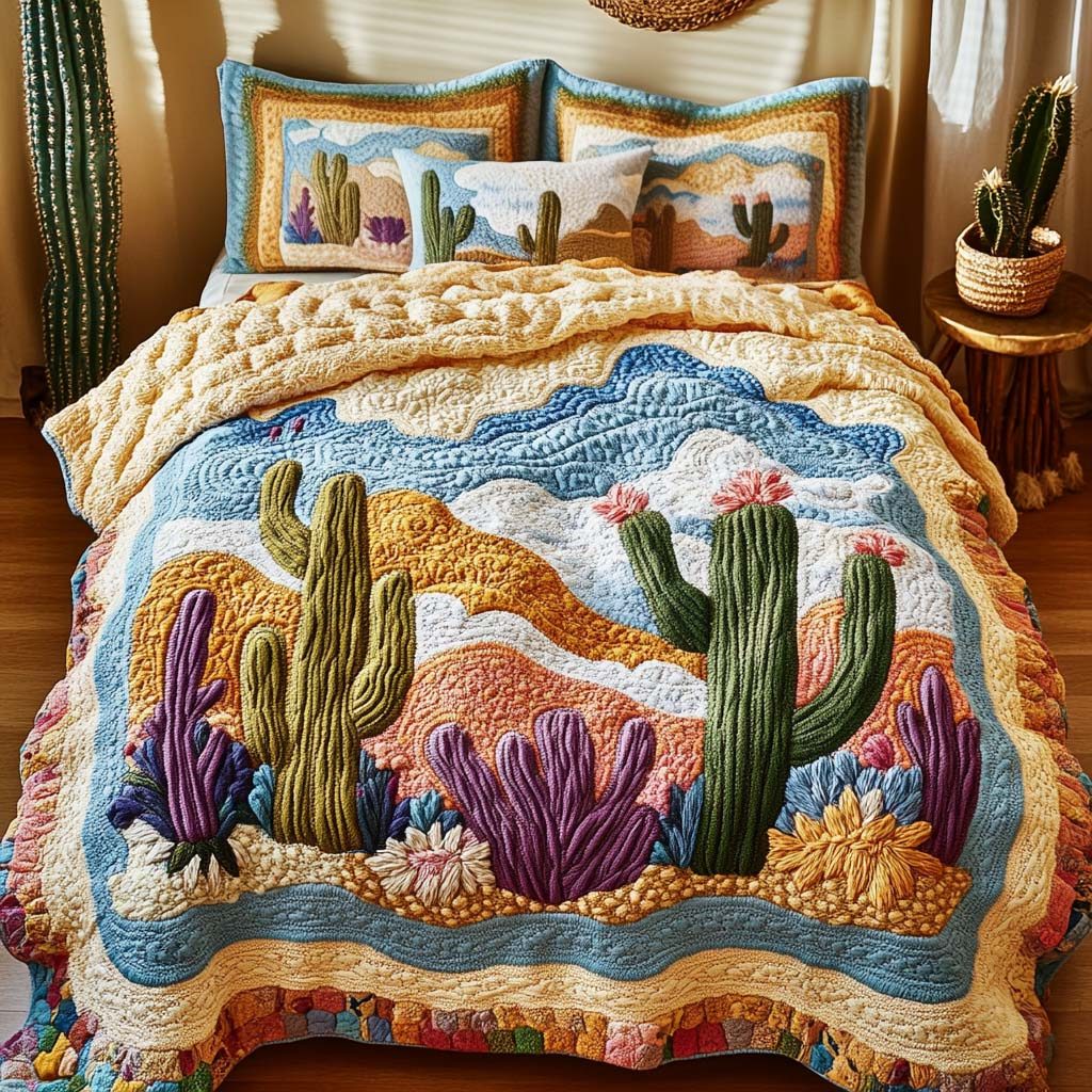 Desert Glow quilted 3-piece bedding set on a made bed with two matching pillow shams