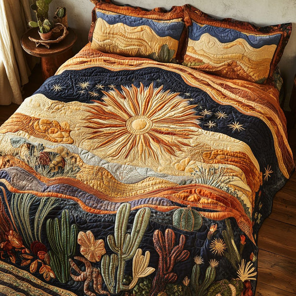 Desert Glow quilted 3-piece bedding set on a made bed with two matching pillow shams