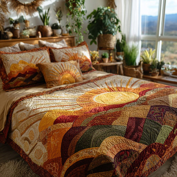 Desert Glow quilted 3-piece bedding set on a made bed with two matching pillow shams
