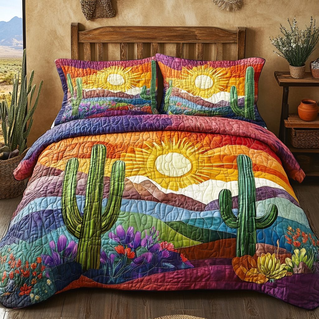 Desert Glow quilted 3-piece bedding set on a made bed with two matching pillow shams