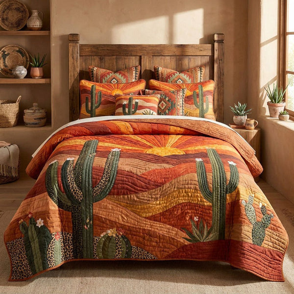 Desert Gold Horizon quilted 3-piece bedding set on a made bed with two matching pillow shams