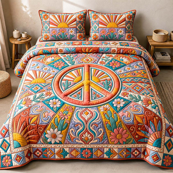 Desert Harmony quilted 3-piece bedding set on a made bed with two matching pillow shams
