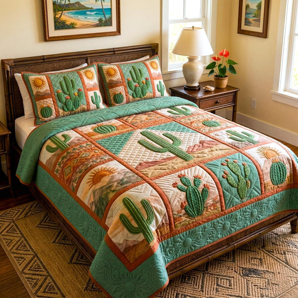 Desert Heritage quilted 3-piece bedding set on a made bed in a farmhouse bedroom