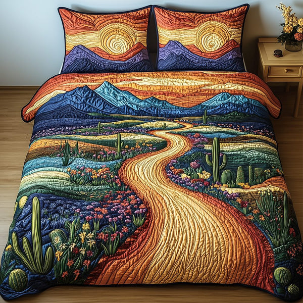 Desert Highway quilted 3-piece bedding set on a made bed with two matching pillow shams