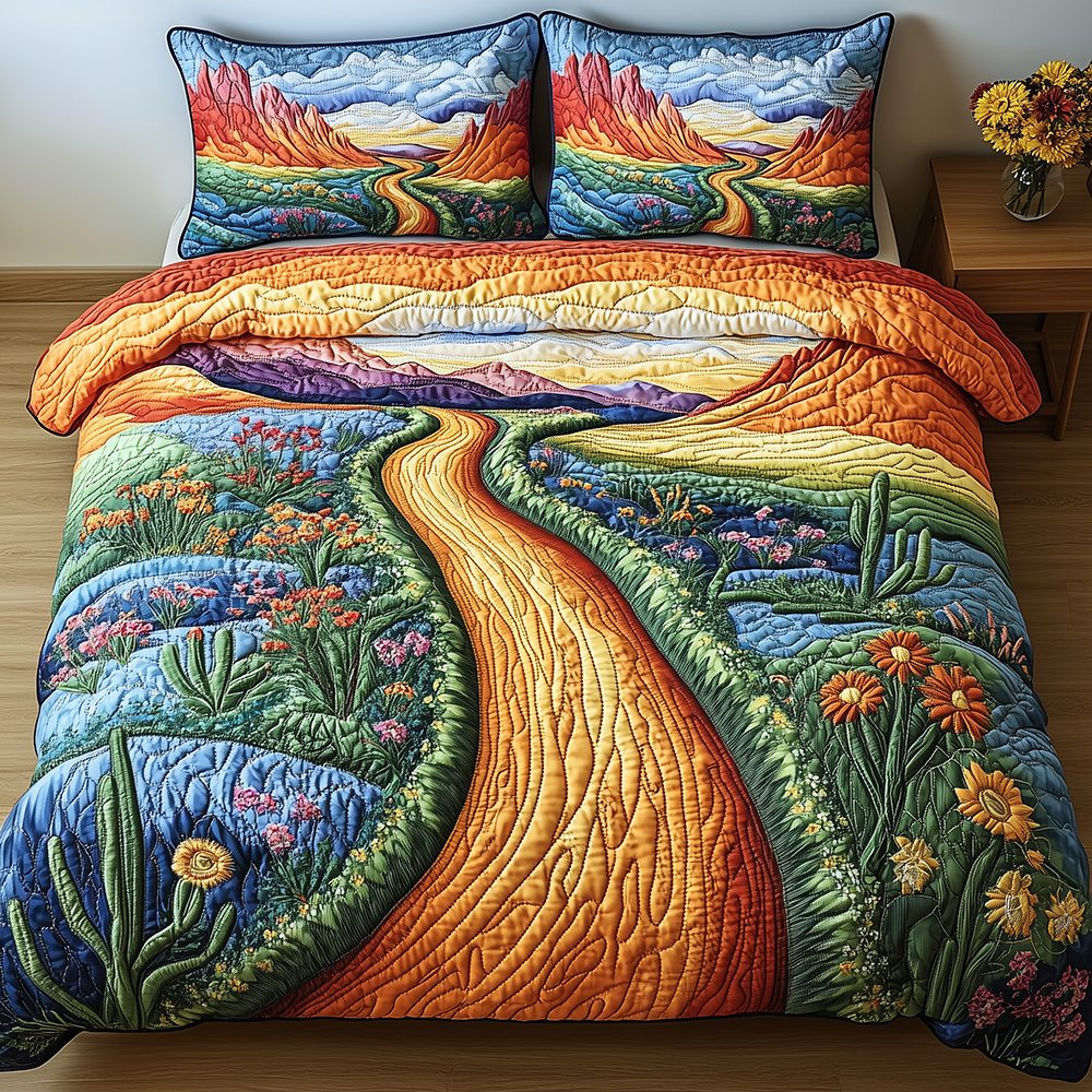 Desert Highway quilted 3-piece bedding set on a made bed with two matching pillow shams