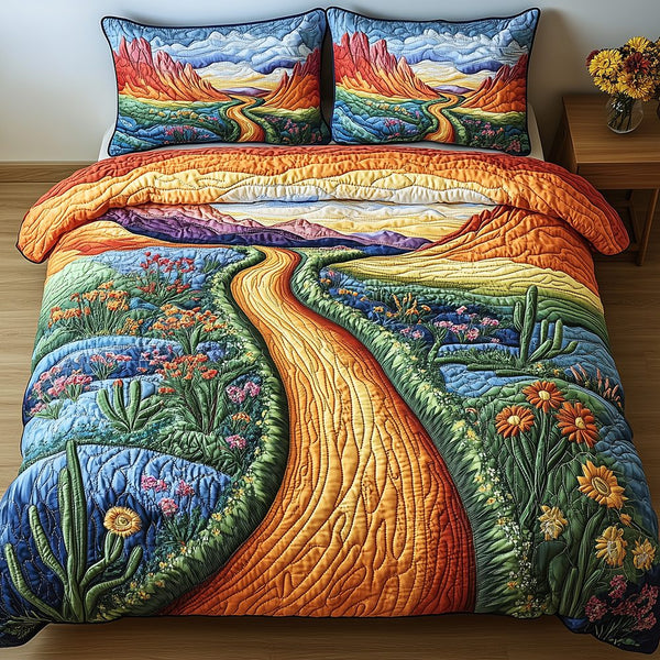 Desert Highway quilted 3-piece bedding set on a made bed with two matching pillow shams