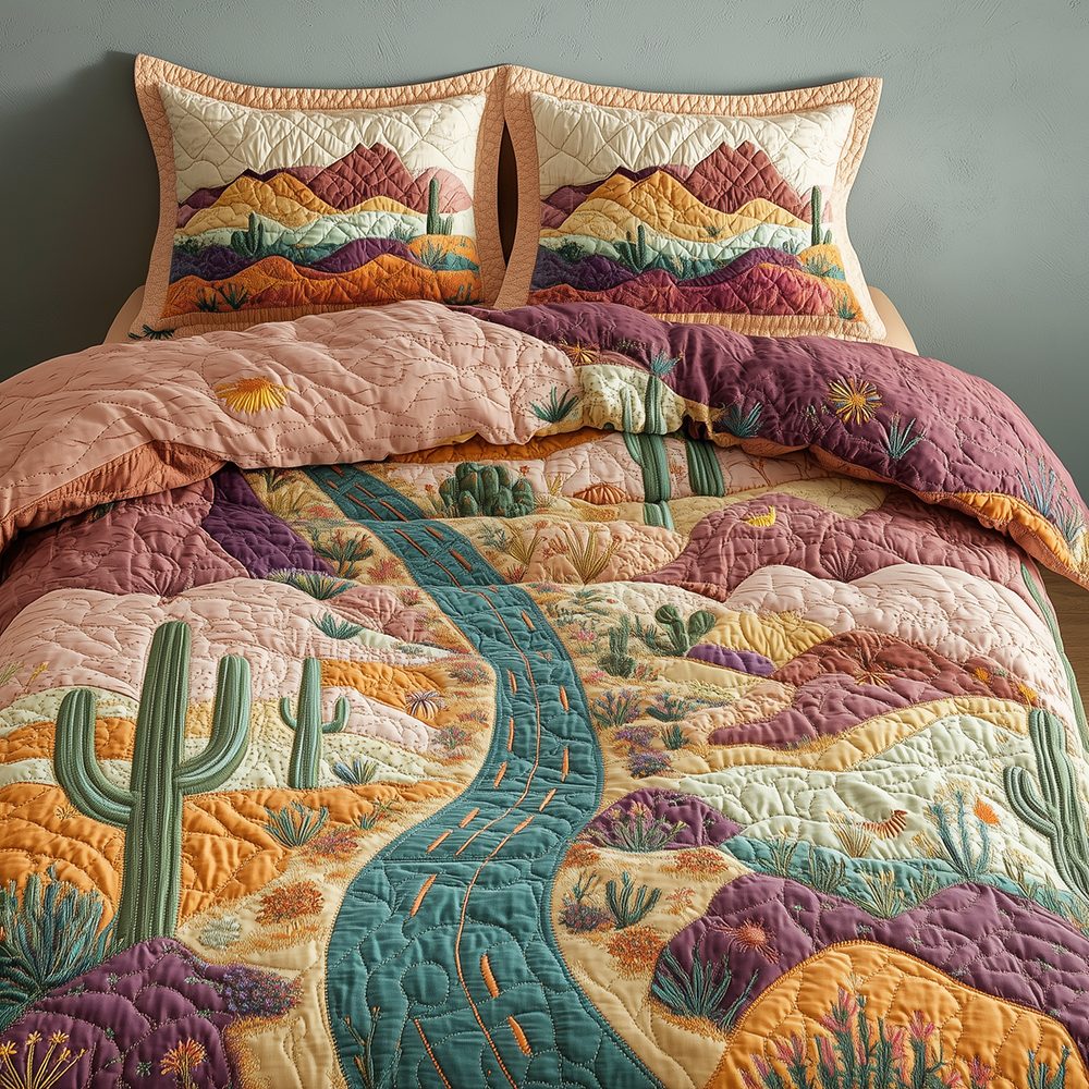 Desert Highway quilted 3-piece bedding set on a made bed with two matching pillow shams