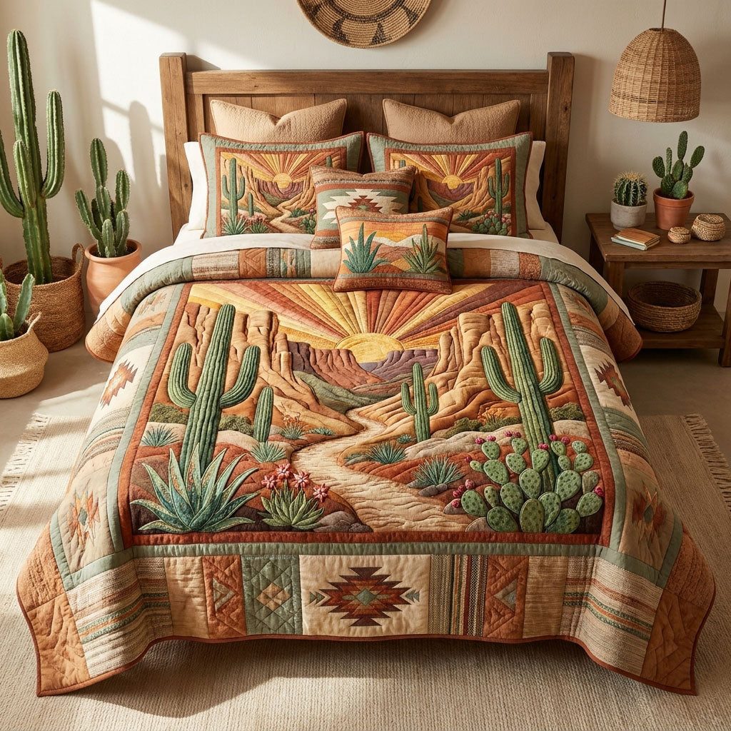 Desert Homestead Charm quilted 3-piece bedding set on a made bed in a rustic timber bedroom