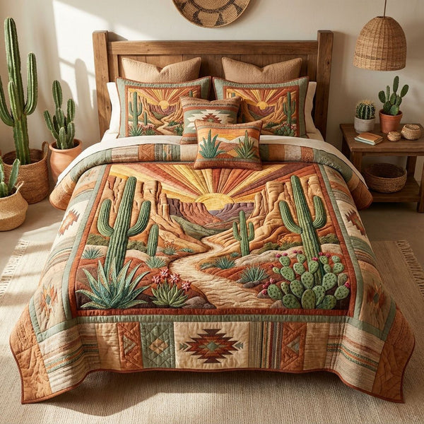 Desert Homestead Charm quilted 3-piece bedding set on a made bed in a rustic timber bedroom