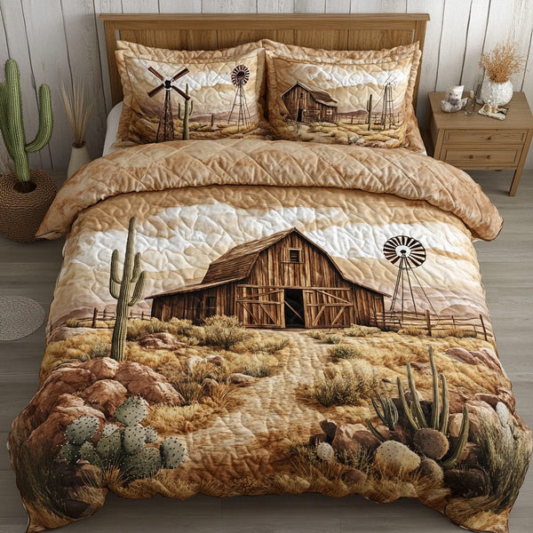 Desert Homestead quilted 3-piece bedding set on a made bed in a rustic timber bedroom
