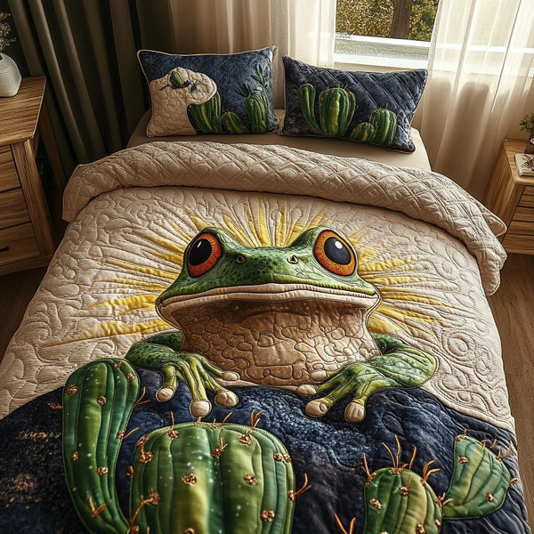 Desert Hopper quilted 3-piece bedding set on a made bed with two matching pillow shams
