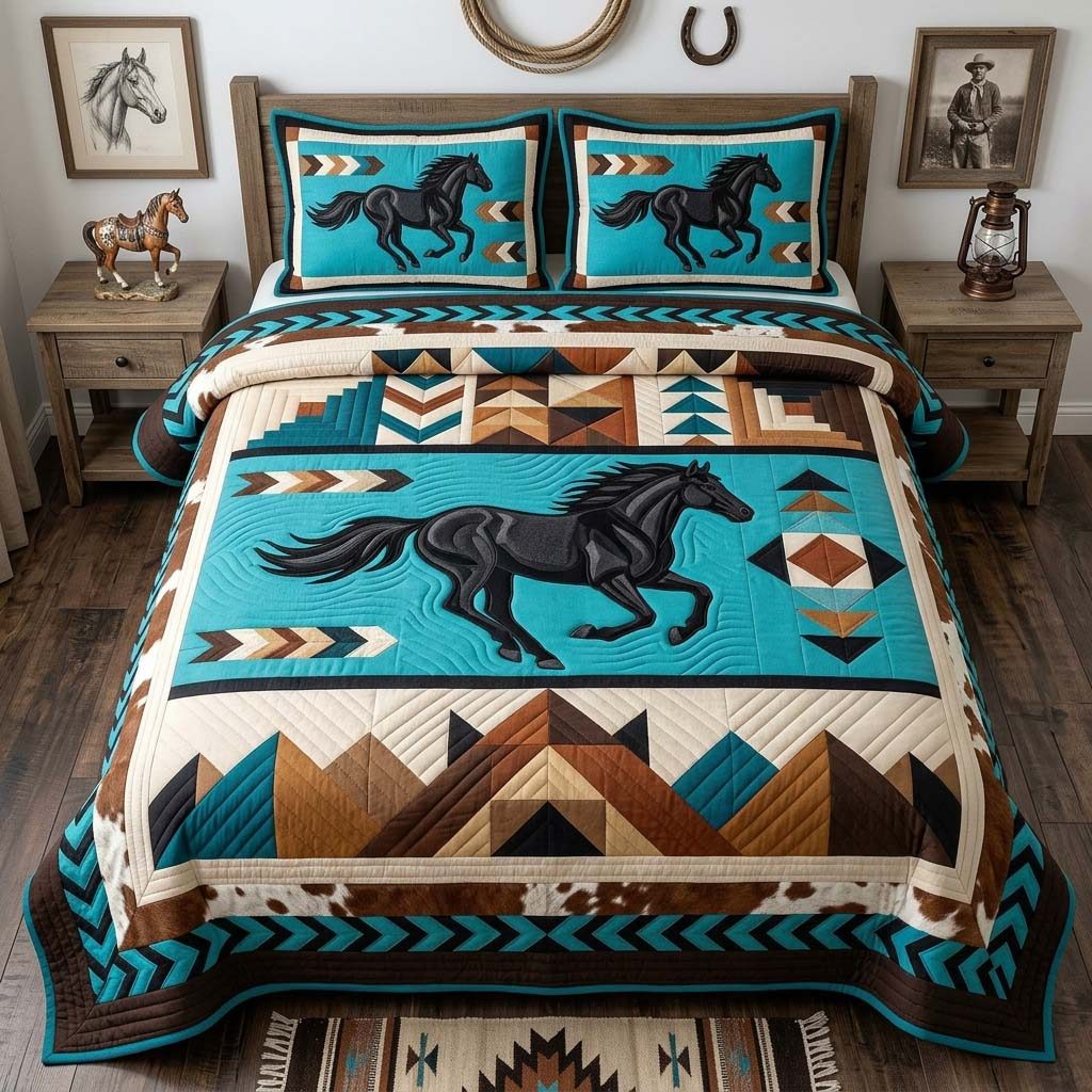 Desert Horse quilted 3-piece bedding set on a made bed in a rustic timber bedroom