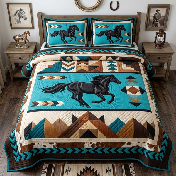 Desert Horse quilted 3-piece bedding set on a made bed in a rustic timber bedroom