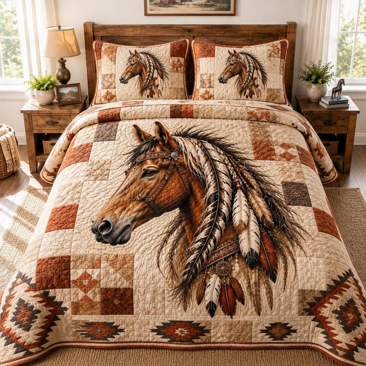 Desert Horse quilted 3-piece bedding set on a made bed in a rustic timber bedroom