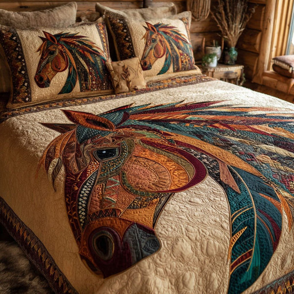 Desert Horse quilted 3-piece bedding set on a made bed in a rustic timber bedroom