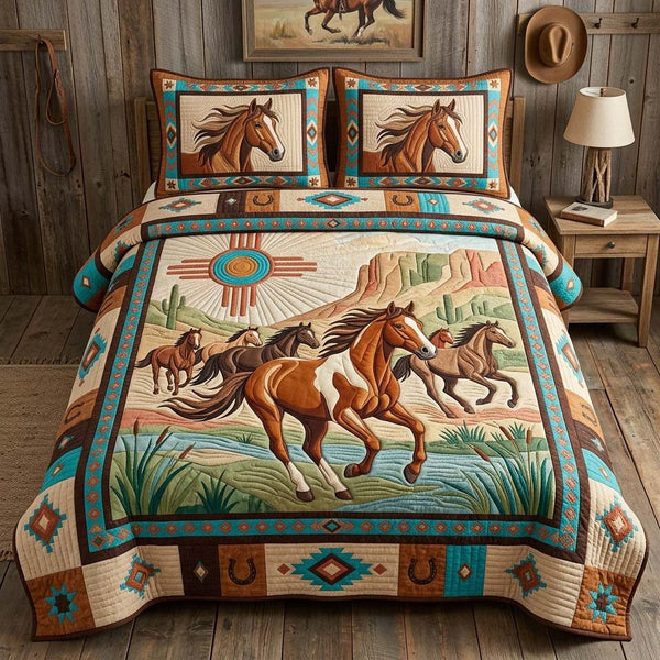 Desert Horse Run quilted 3-piece bedding set on a made bed in a rustic timber bedroom