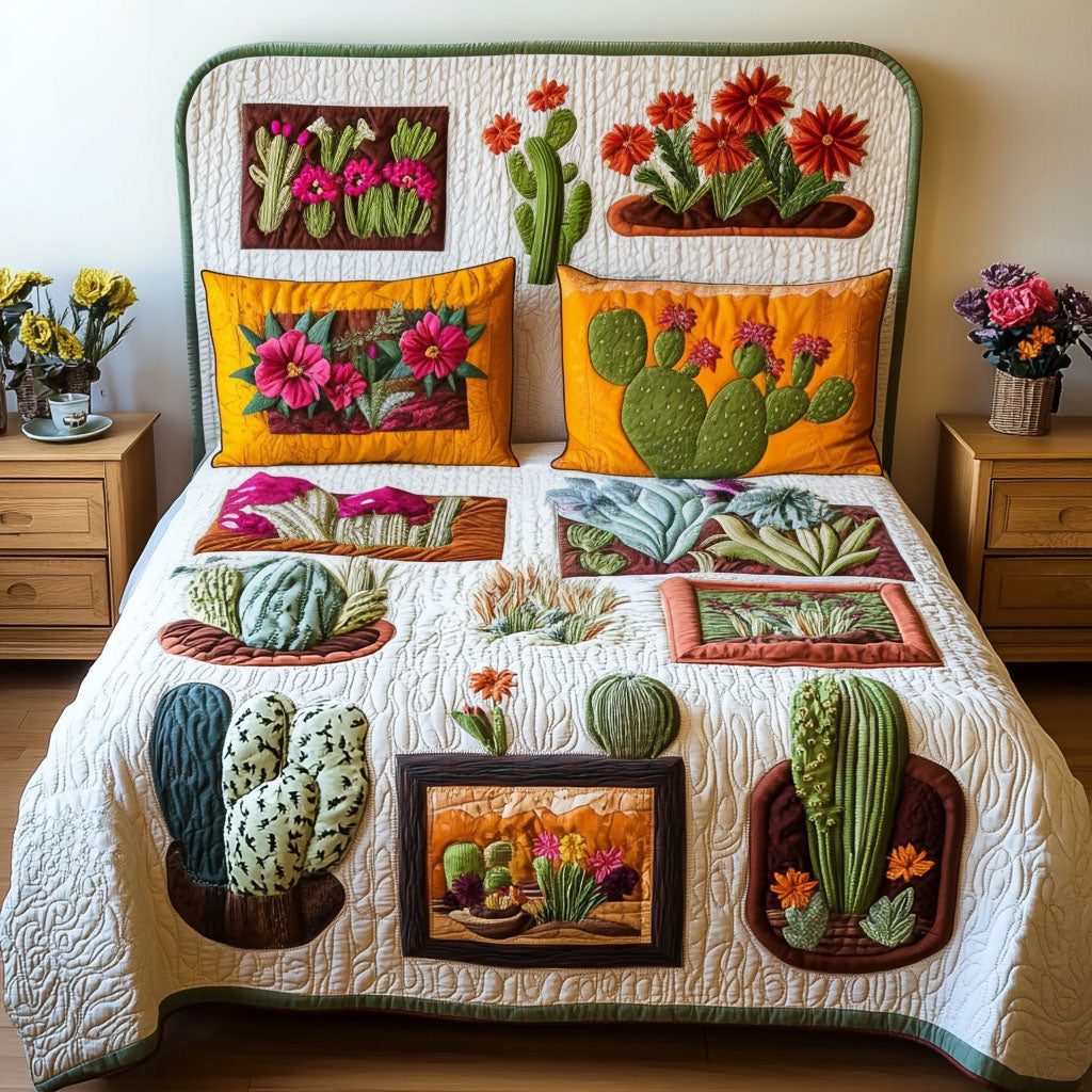 Desert Jewel Quilt quilted 3-piece bedding set on a made bed with two matching pillow shams