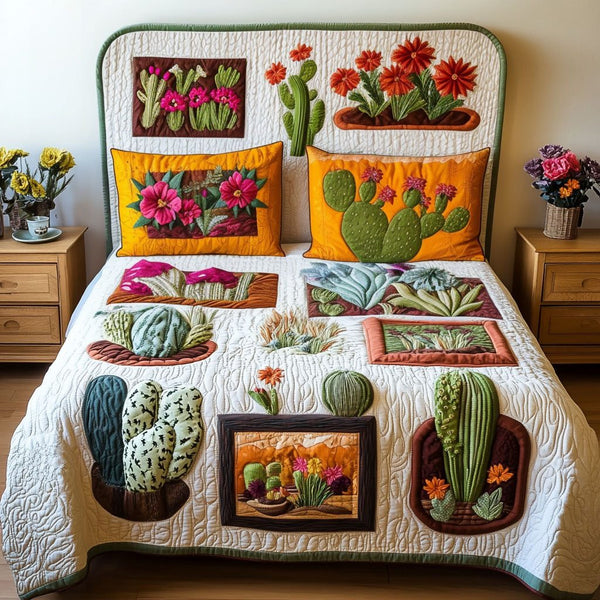 Desert Jewel Quilt quilted 3-piece bedding set on a made bed with two matching pillow shams