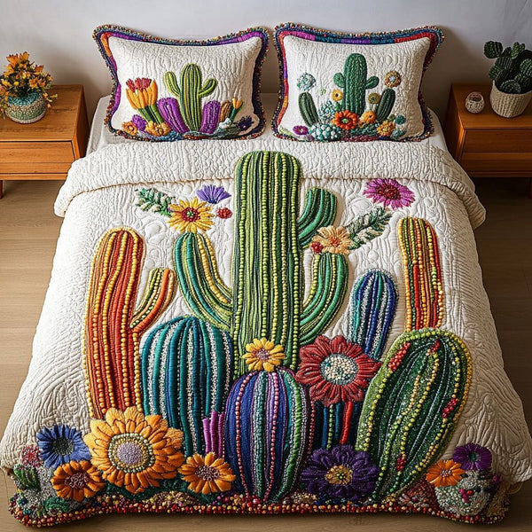 Desert Jewel quilted 3-piece bedding set on a made bed with two matching pillow shams