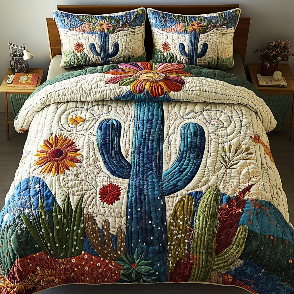 Desert Jewel quilted 3-piece bedding set on a made bed with two matching pillow shams