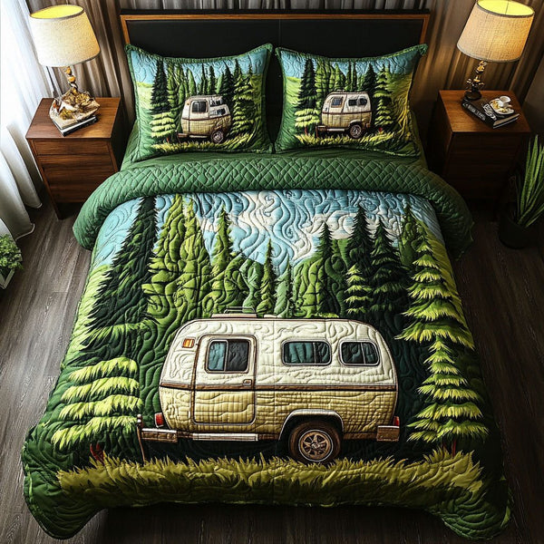 Desert Journey quilted 3-piece bedding set on a made bed with two matching pillow shams